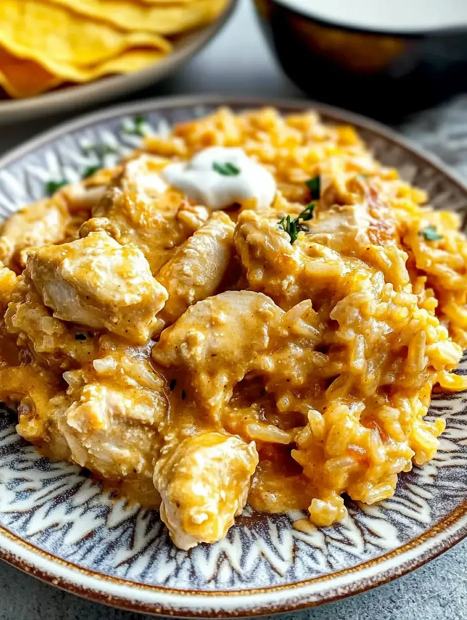 Eine Nahaufnahme eines Tellers mit cremigem Hähnchen und Reis, garniert mit einem Klecks saurer Sahne und Kräutern, daneben Tortilla-Chips im Hintergrund.