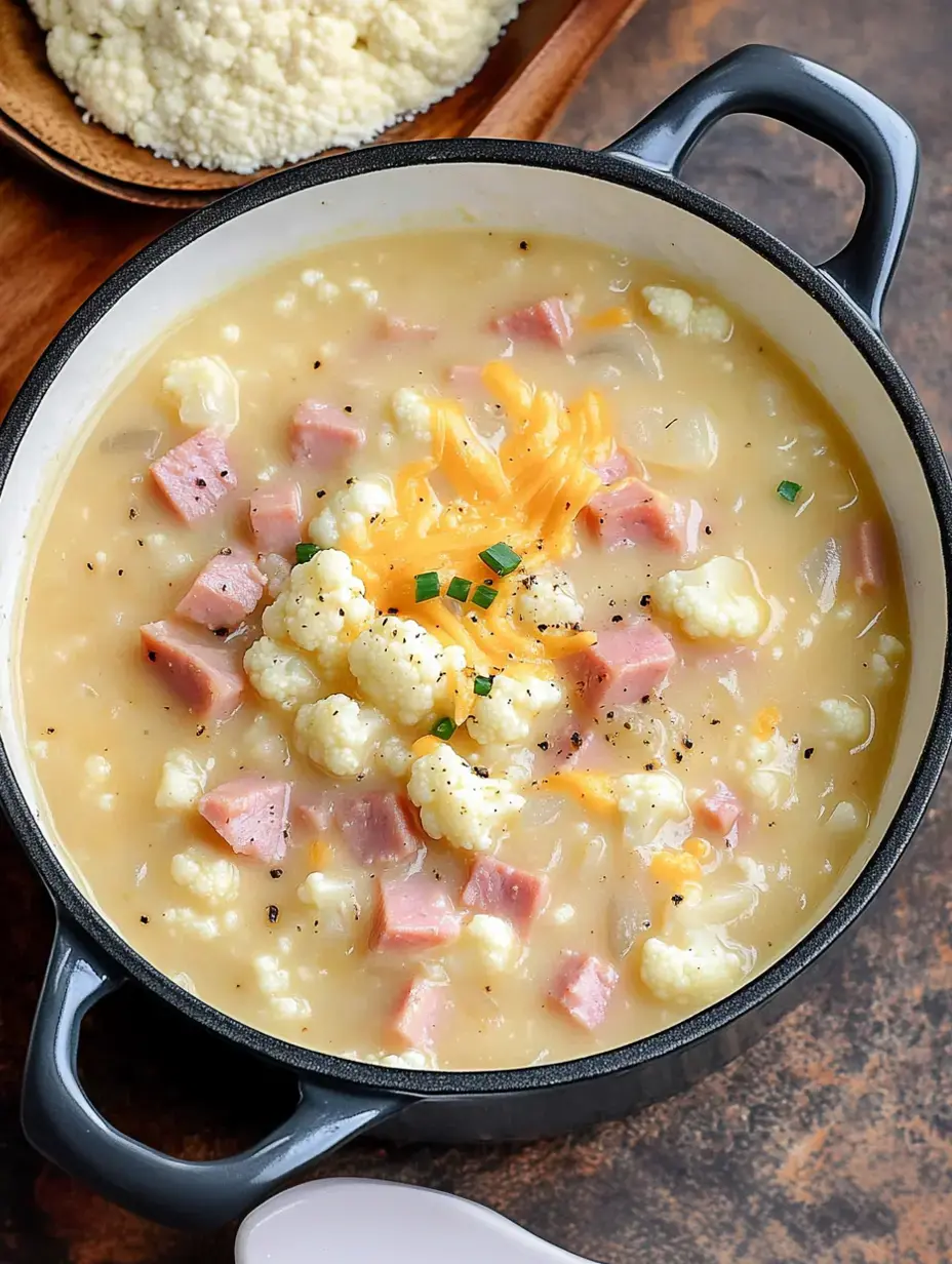 Eine cremige Suppe mit Blumenkohl, gewürfeltem Schinken und geriebenem Cheddar wird in einem schwarzen Topf serviert, daneben eine Schüssel mit fluffigem Couscous.