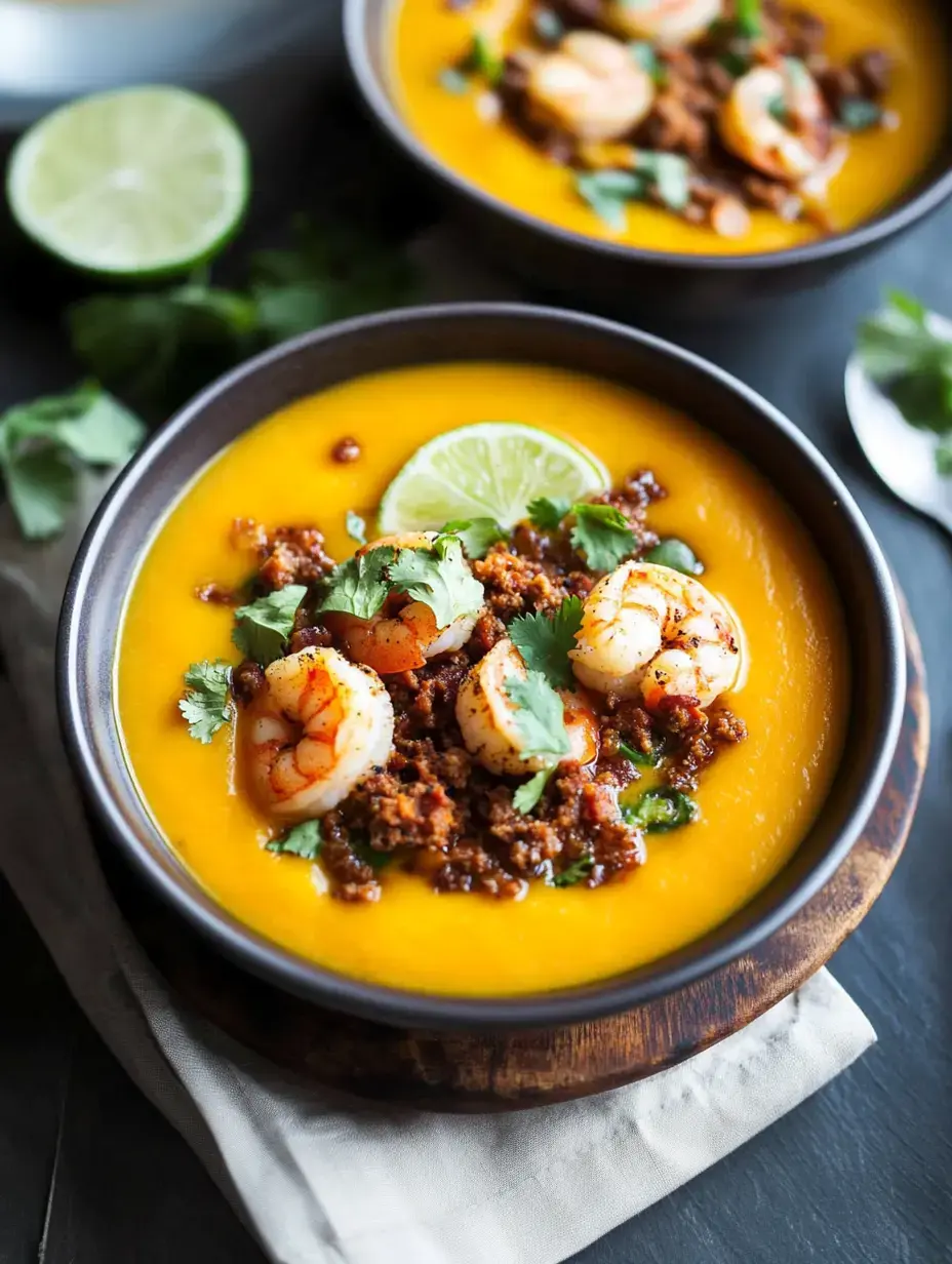 Eine Nahaufnahme einer cremigen orangefarbenen Suppe, garniert mit Garnelen, gewürztem Fleisch, Koriander und einem Limettenstück, serviert in einer dunklen Schüssel auf einer Holzoberfläche.