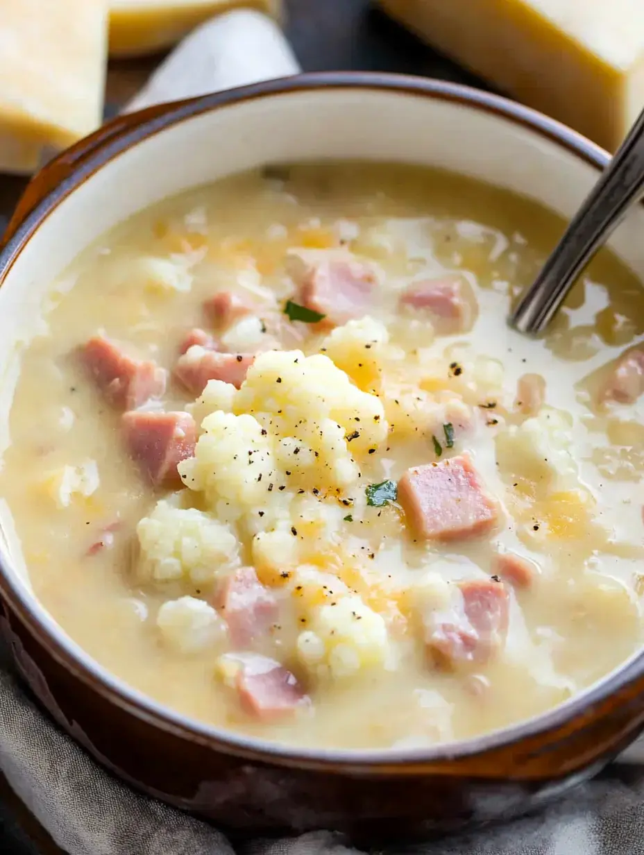 Eine Schüssel cremige Suppe mit Blumenkohl, Schinkenstücken und schwarzem Pfeffer bestreut.
