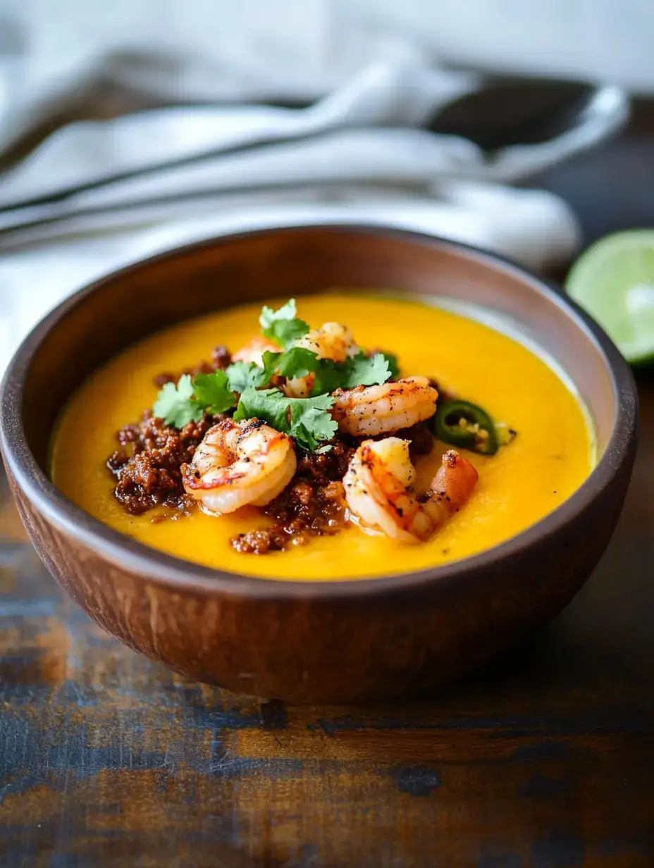 Eine Holzschüssel gefüllt mit leuchtend gelber Suppe, garniert mit Garnelen, knusprigen Stückchen und frischem Koriander, mit einer halben Limette und Besteck im Hintergrund.