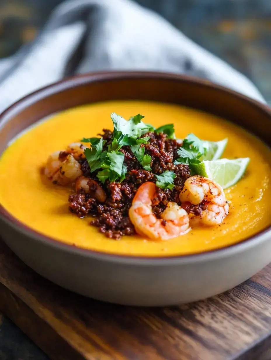 Eine Schüssel mit lebhaft orangefarbener Suppe, garniert mit Garnelen, zerbröselter Chorizo, frischem Koriander und Limettenschnitzen.