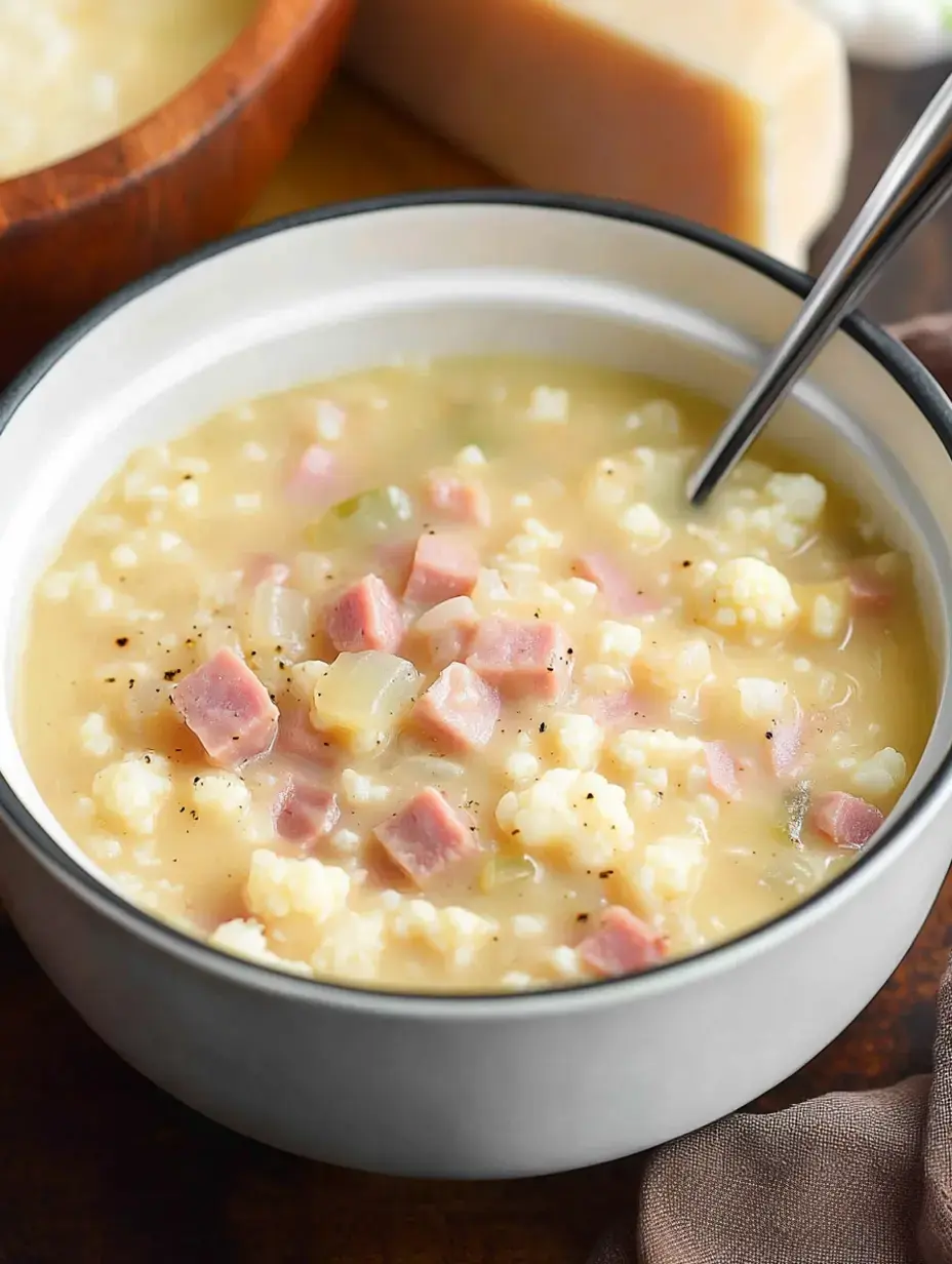 Eine Schüssel cremige Suppe gefüllt mit gewürfeltem Schinken, Blumenkohl und Gewürzen, begleitet von einer Holzschale und einem Käseblock im Hintergrund.