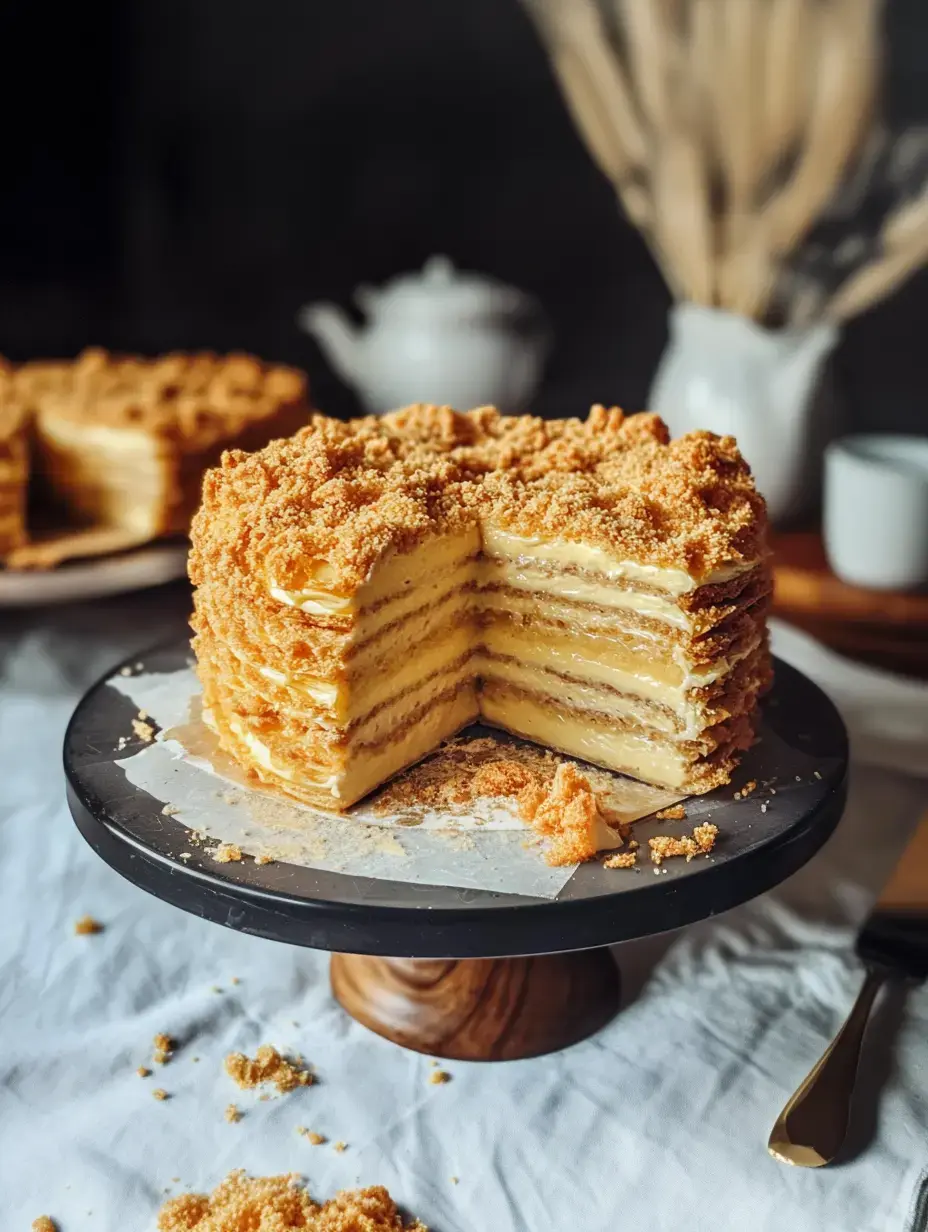 Eine mehrschichtige Torte mit krümeliger Oberfläche steht auf einem Tortenständer, ein Stück zeigt die cremige Füllung und knusprige Schichten.