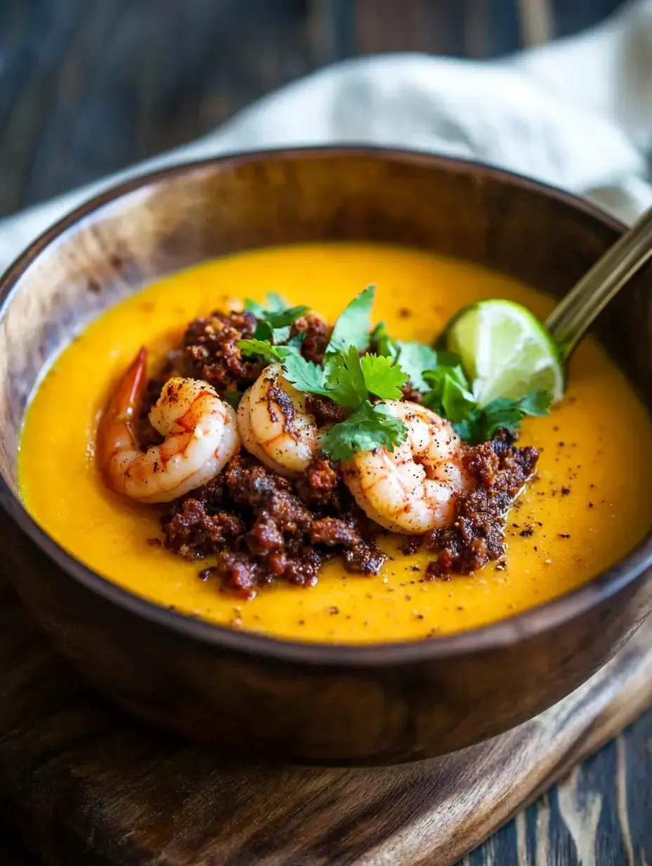 Eine Holzschüssel gefüllt mit leuchtend orangefarbener Suppe, garniert mit Garnelen, Gewürzkrümeln, frischem Koriander und einer Limettenspalte.