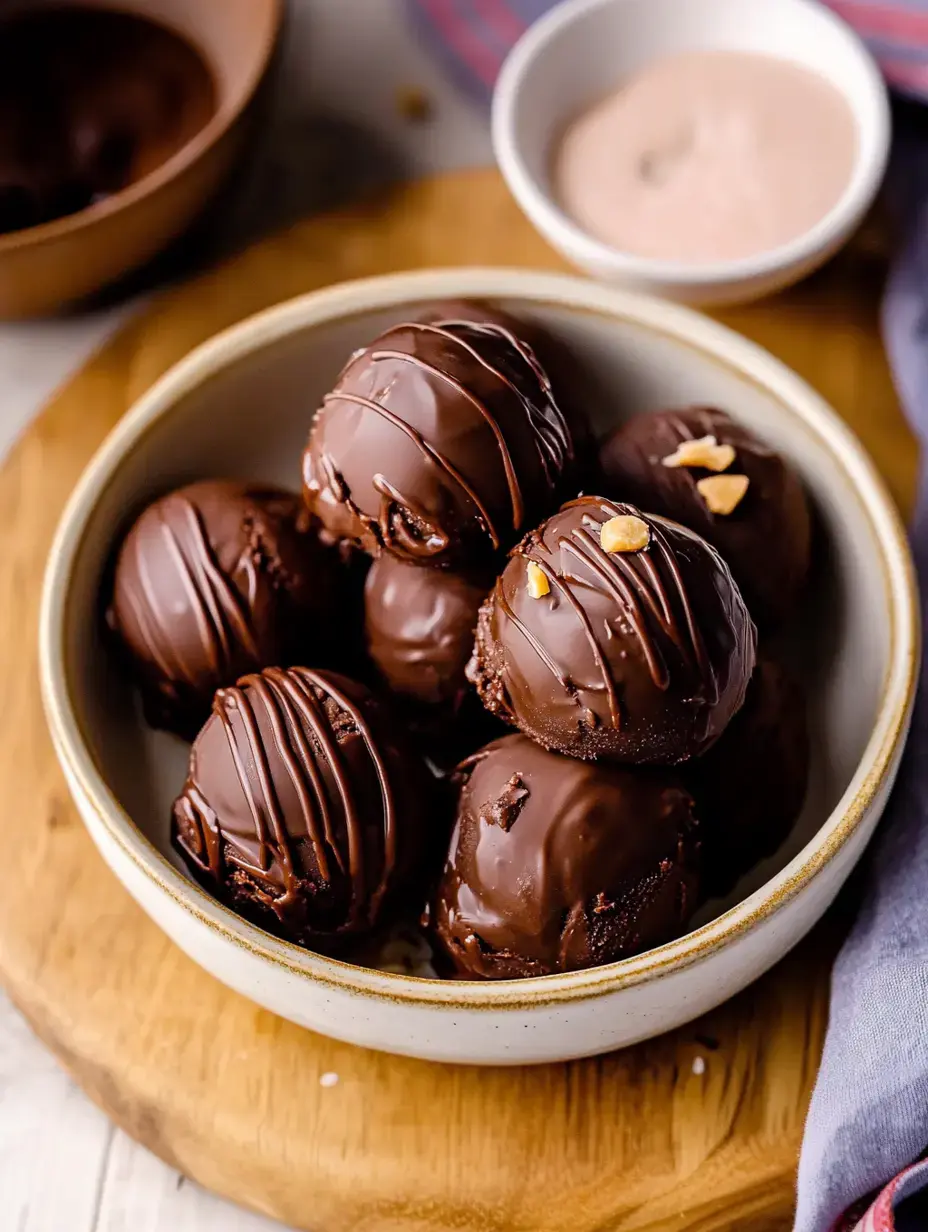Eine Schüssel mit schokoladenüberzogenen Dessertbällchen, mit Schokolade beträufelt und mit Nüssen garniert, daneben eine kleine Schüssel mit Dip.