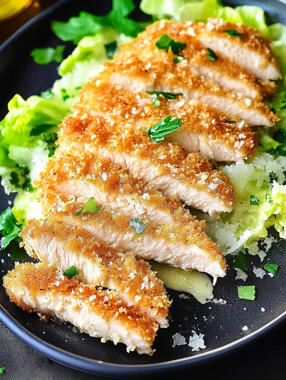 Ein Teller mit geschnittenem, paniertem und knusprigem Hühnerbrustfilet, garniert mit grünen Kräutern, serviert auf einem Bett aus Salat.