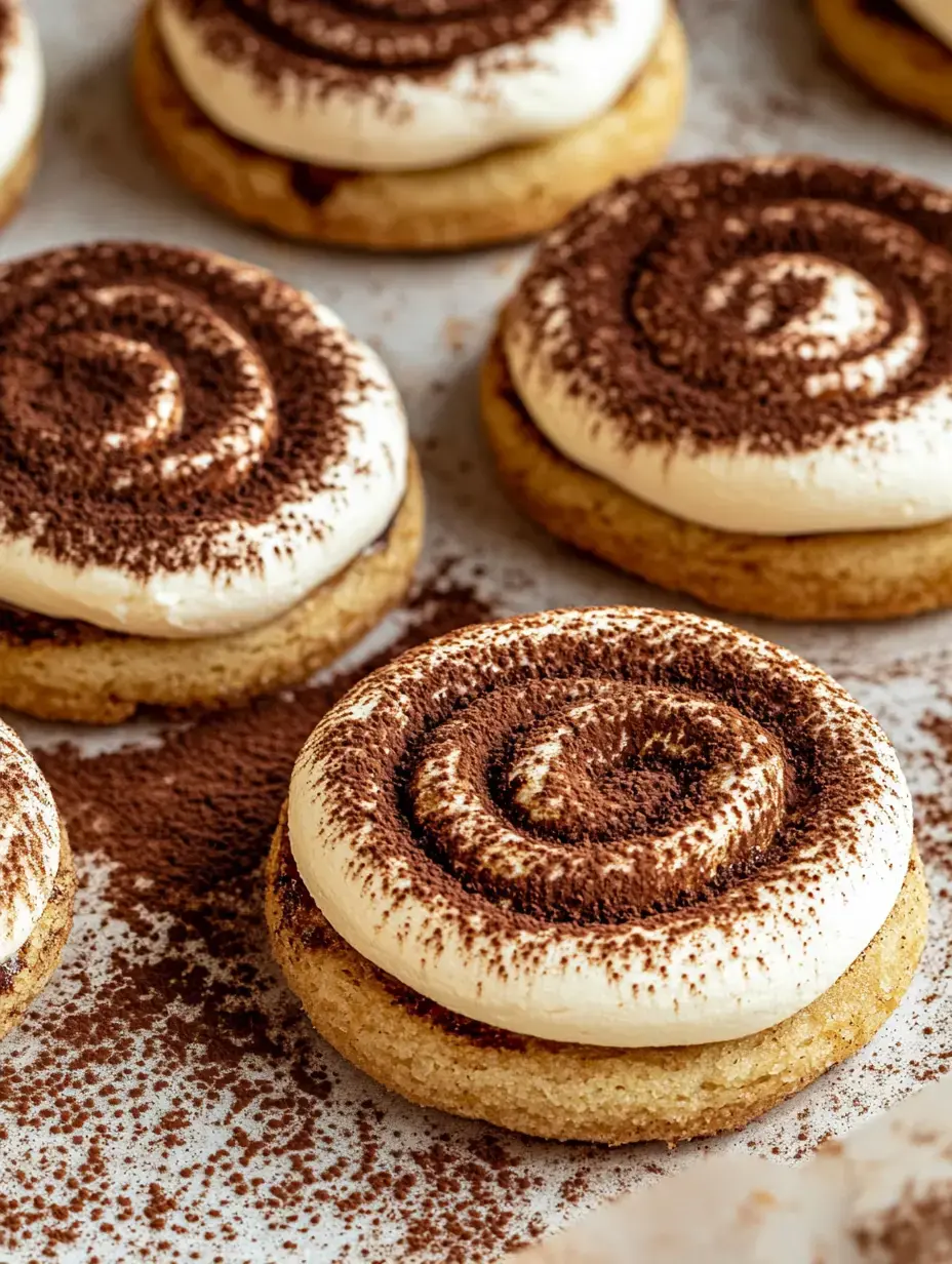 Eine Nahaufnahme von Dessertkeksen mit einer Spirale aus Schlagsahne und Kakaopulver bestäubt.