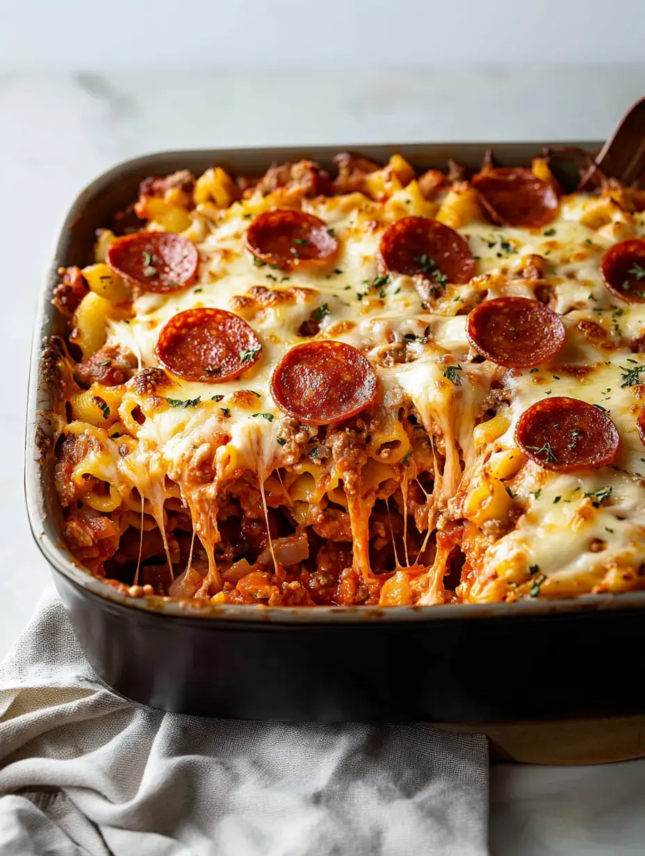 Ein gebackenes Nudelgericht mit Schichten aus geschmolzenem Käse, Pepperoni und einer herzhaften Fleischsoße, serviert in einer schwarzen Auflaufform.