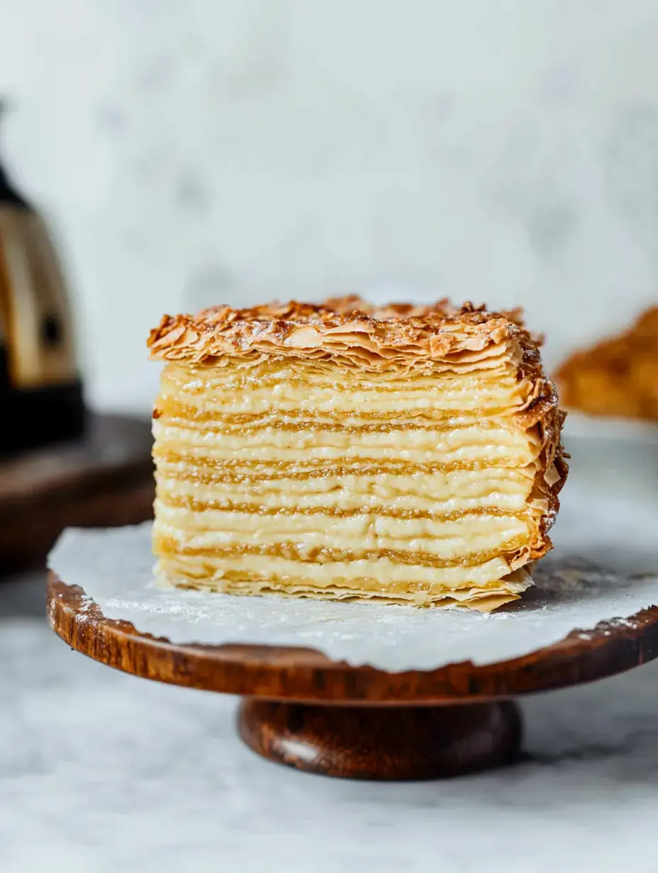Eine Schichttorte mit knuspriger Oberfläche steht auf einem hölzernen Kuchenständer, leicht mit Puderzucker bestäubt.