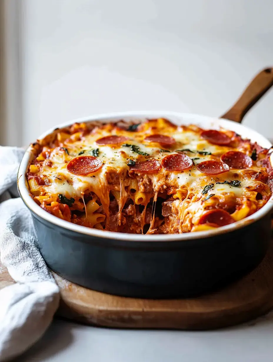 Ein gebackenes Nudelgericht mit geschmolzenem Käse und Pepperoni, serviert in einer schwarzen Auflaufform auf einem Holzbrett.