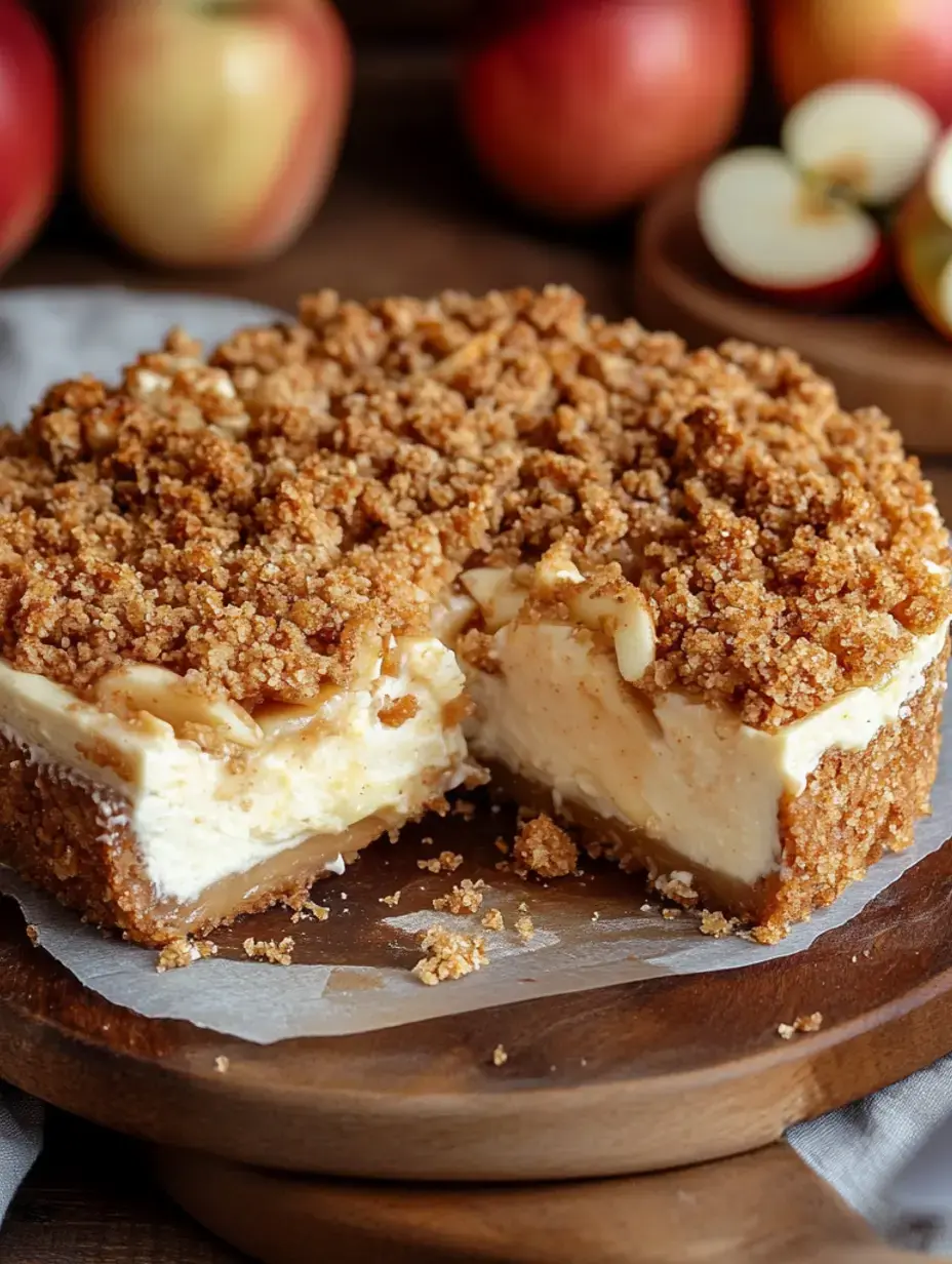Ein Stück cremiger Apfelkuchen mit knusprigem Belag wird auf einer Holzunterlage präsentiert, umgeben von frischen Äpfeln.