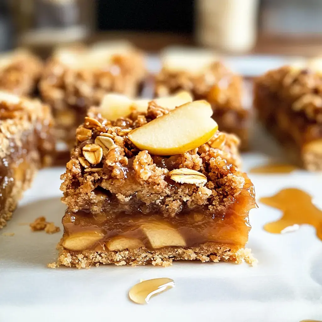 Eine Nahaufnahme eines Stücks Apfelstreusel-Dessert mit Haferflocken und frischen Apfelscheiben, auf einer weißen Unterlage mit einem Sirupklecks.