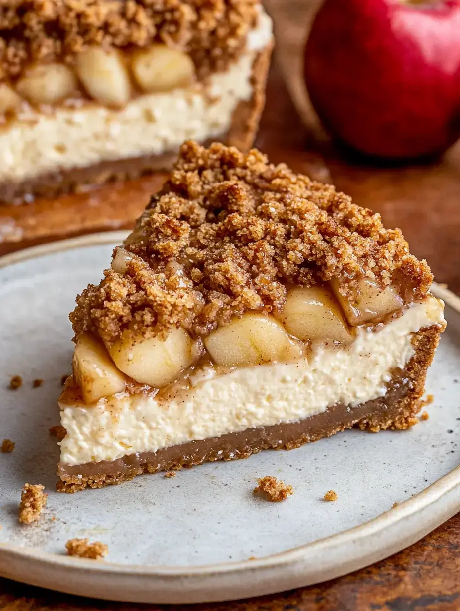 Ein Stück Käsekuchen mit karamellisierten Äpfeln und braunem Zuckerstreusel, serviert auf einem Teller neben einem roten Apfel.