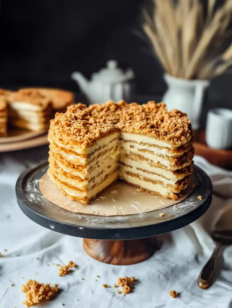 Eine Schichttorte mit Krümelbelag auf einem Tortenständer, ein herausgeschnittenes Stück zeigt das cremige Innere.