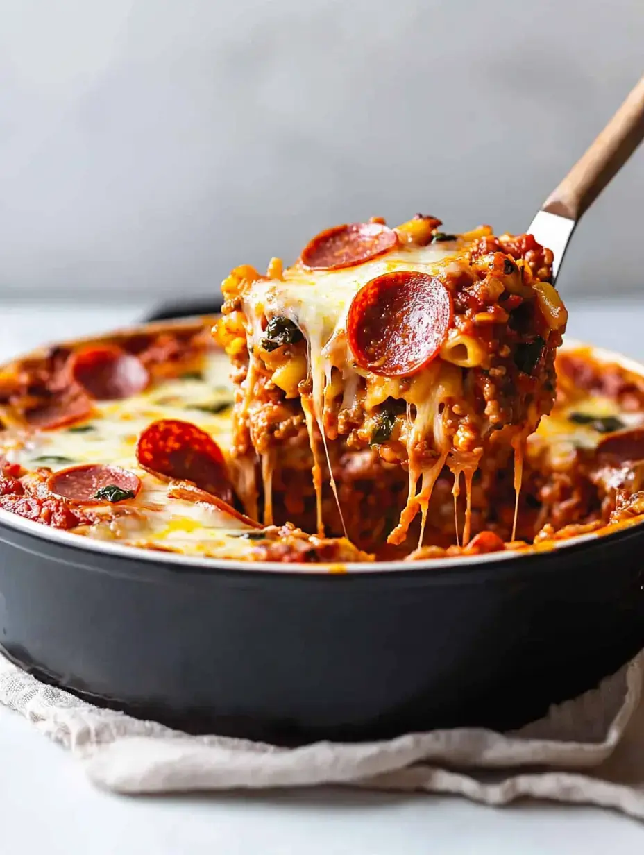 Eine Portion käsige gebackene Nudeln, belegt mit Pepperoni und Mozzarella, wird aus einer schwarzen Form gehoben.