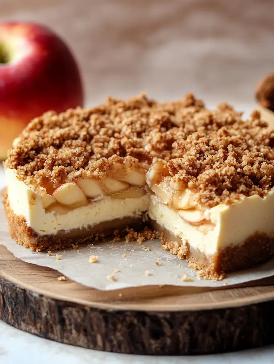 Ein Stück Apfelkäsekuchen mit Streuseln liegt auf einem Holzbrett neben einem ganzen roten Apfel.