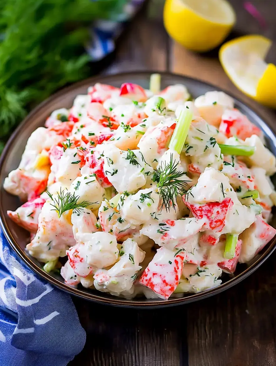 Eine Schüssel mit cremigem Meeresfrüchtesalat mit Krabbenstücken, Sellerie und Kräutern, garniert mit Dill und umgeben von Zitronenschnitzen.