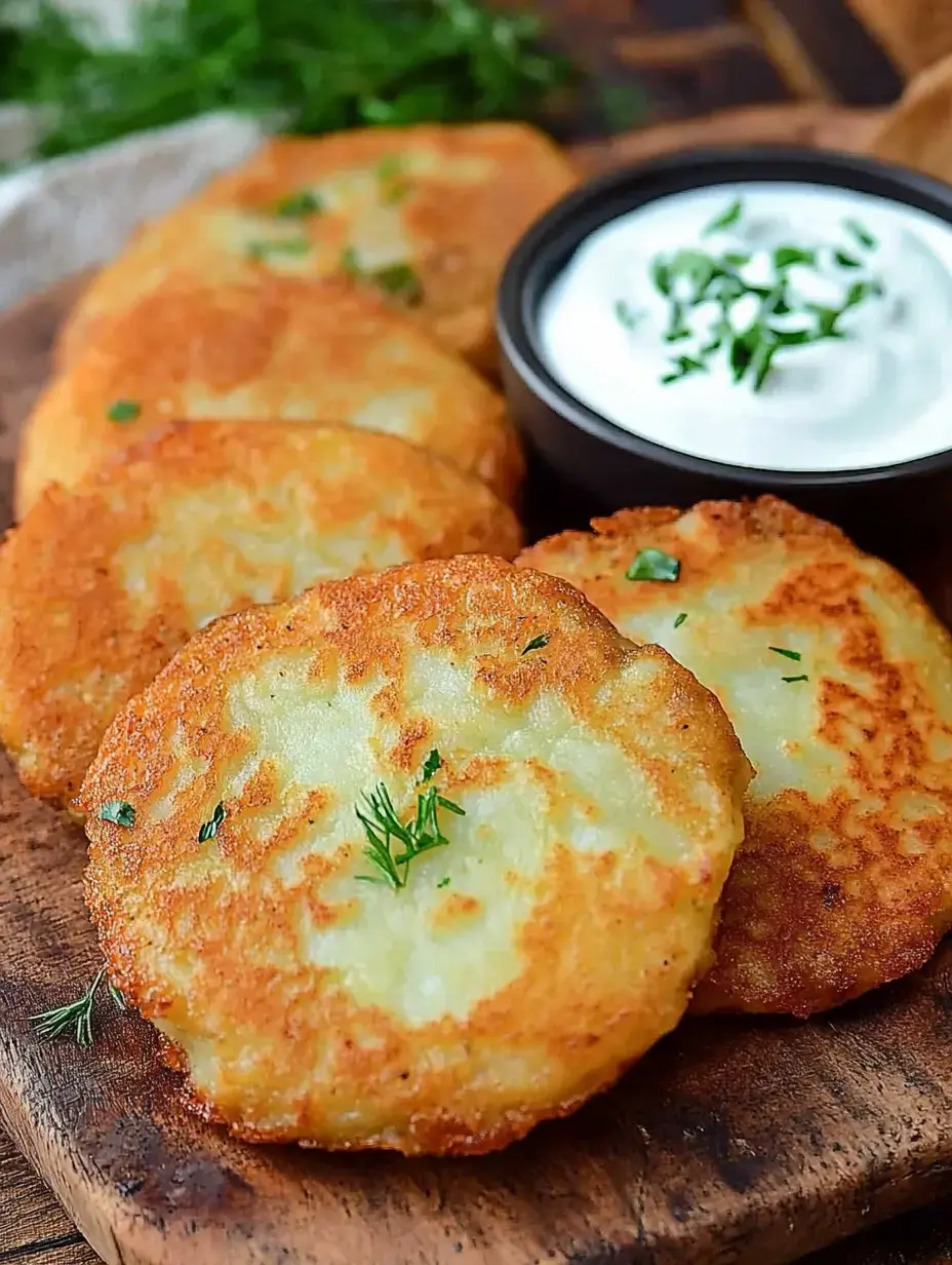 Ein Holzteller mit mehreren goldbraunen Kartoffelpuffern, mit Kräutern garniert, daneben eine kleine Schüssel mit saurer Sahne.