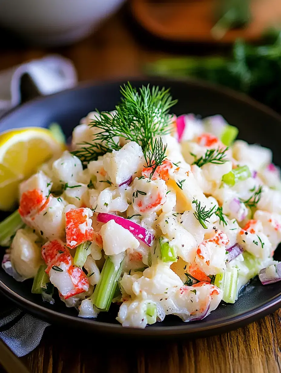 Ein bunter Meeresfrüchtesalat mit Fisch- und Krabbenstücken, Gemüse, garniert mit frischem Dill und einem Zitronenschnitz.