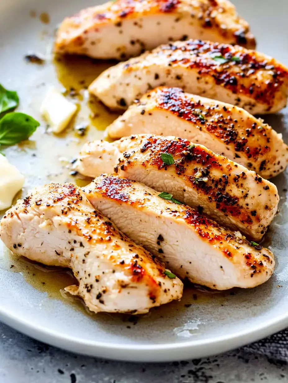 Ein Teller mit geschnittenem gegrilltem Hähnchenbrustfilet, mit Kräutern gewürzt und mit Olivenöl beträufelt.