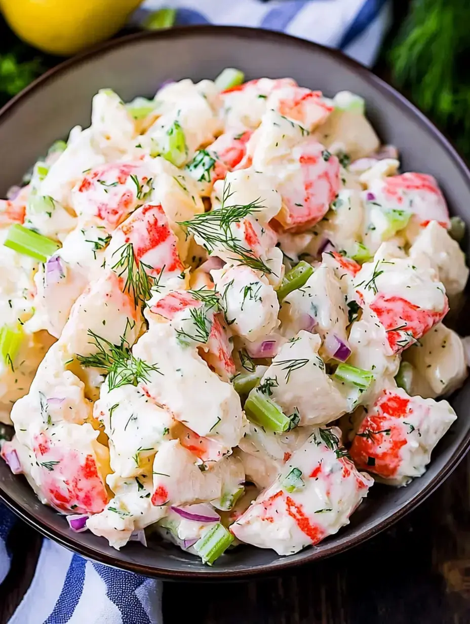 Eine Schüssel mit cremigem Salat mit Hummerstücken, Sellerie und Dill.