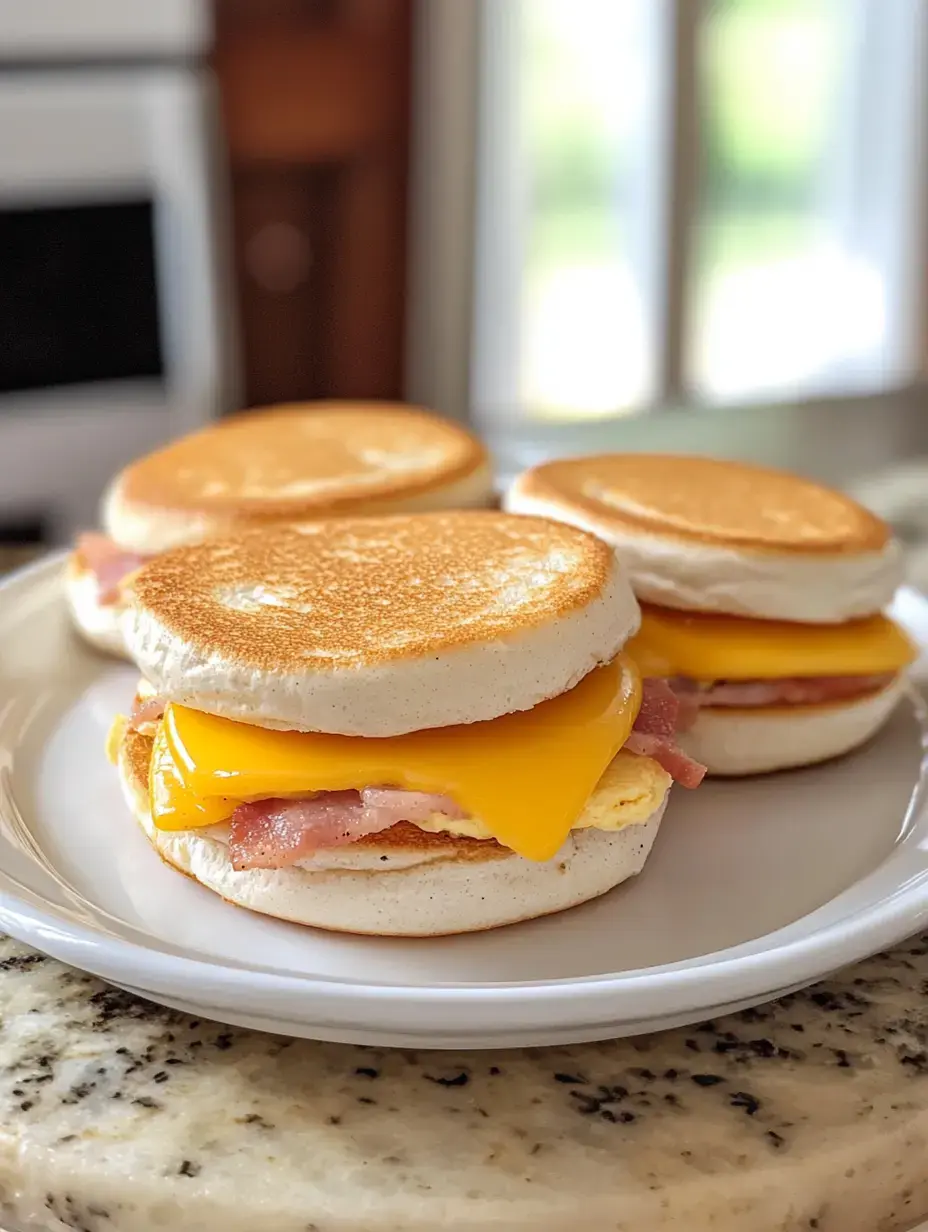 Ein Teller mit drei Frühstücksbrötchen aus gerösteten englischen Muffins, Cheddar-Käse, Schinken und Ei.