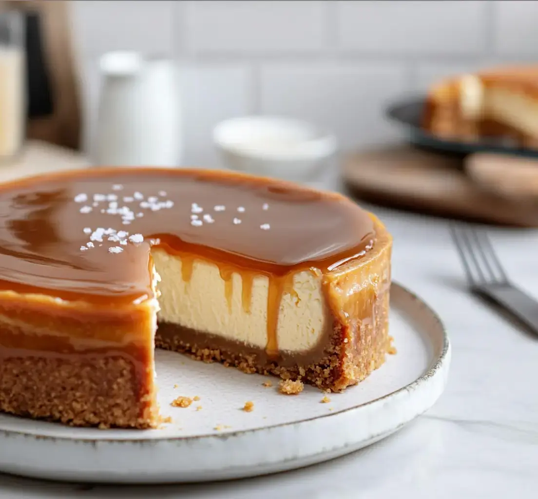 Ein cremiger Käsekuchen mit Karamell und einer Prise Salz, mit einem herausgeschnittenen Stück, auf einem weißen Teller.