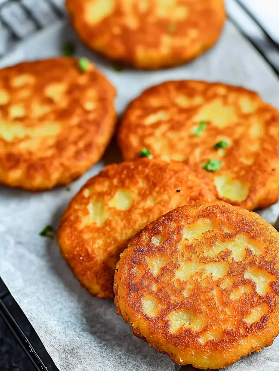 Ein Teller mit goldbraunen Kartoffelpuffern, garniert mit grünen Kräutern auf Backpapier.