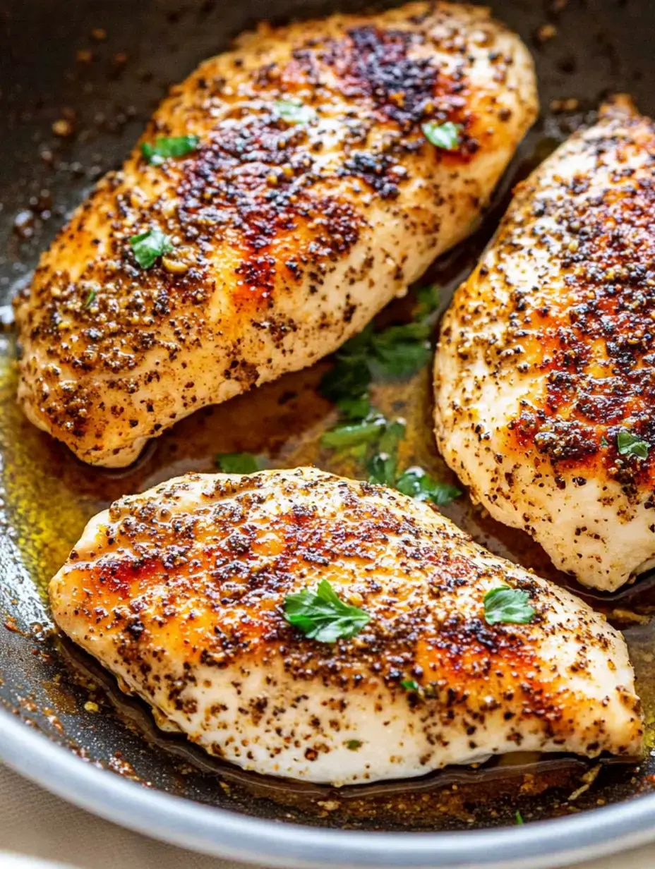 Drei goldbraune, gewürzte Hähnchenbrüste braten in einer Pfanne und sind mit frischen Kräutern garniert.