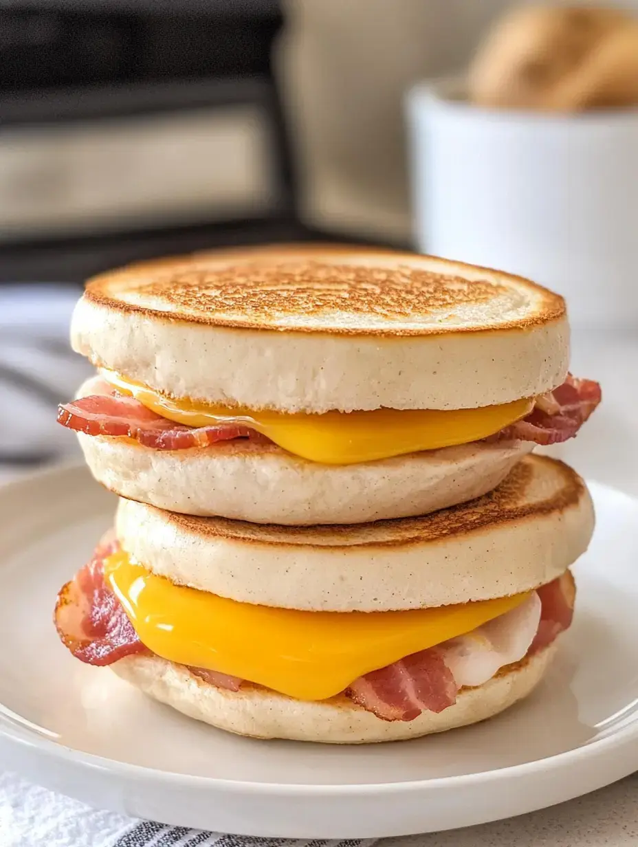 Eine Nahaufnahme eines zweischichtigen Frühstücksbrötchens mit Speck und geschmolzenem Käse zwischen gerösteten englischen Muffins.