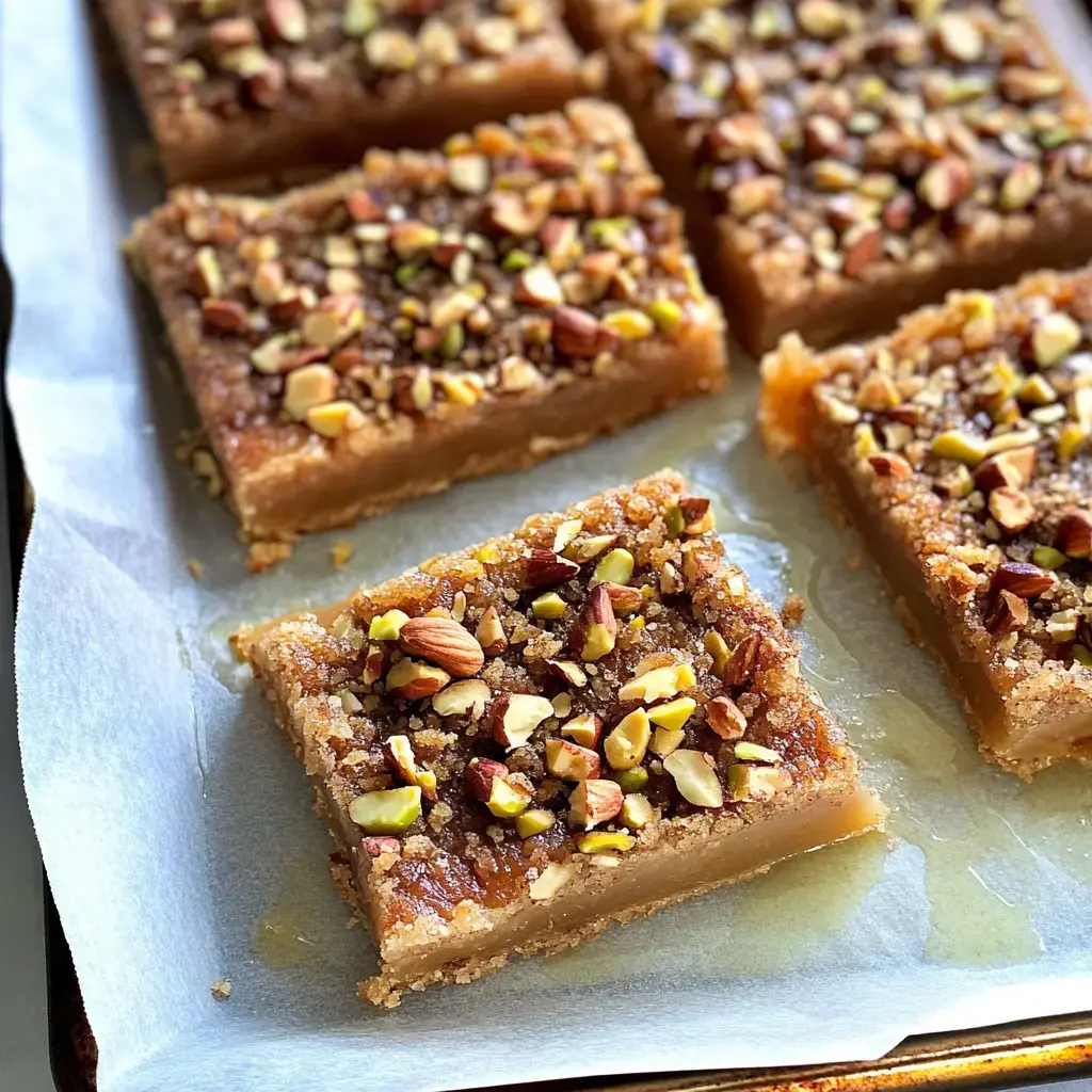 Geschnittene Stücke eines Desserts mit gehackten Nüssen auf Backpapier verteilt.