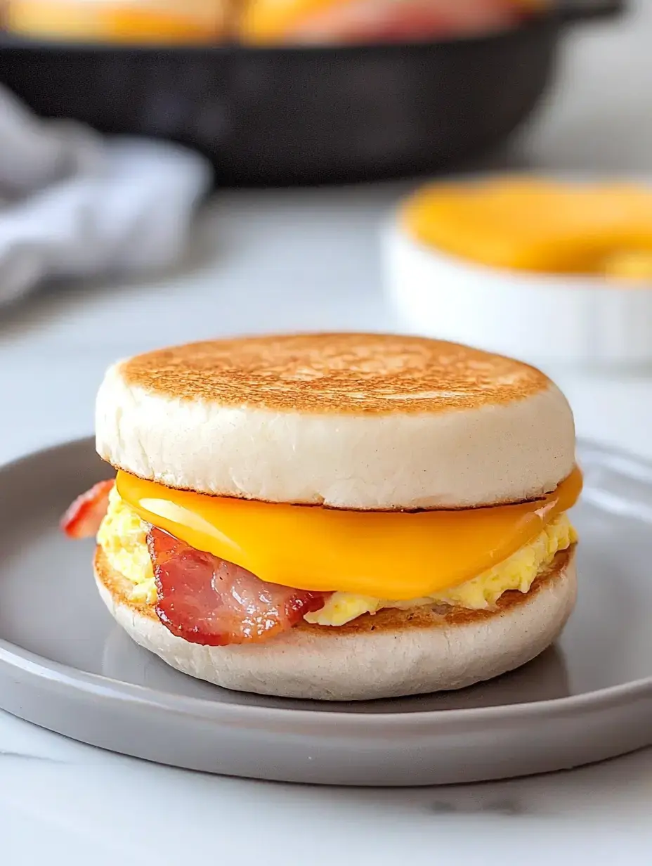 Ein geröstetes englisches Muffin-Sandwich gefüllt mit knusprigem Speck und geschmolzenem Cheddar-Käse, serviert auf einem grauen Teller.