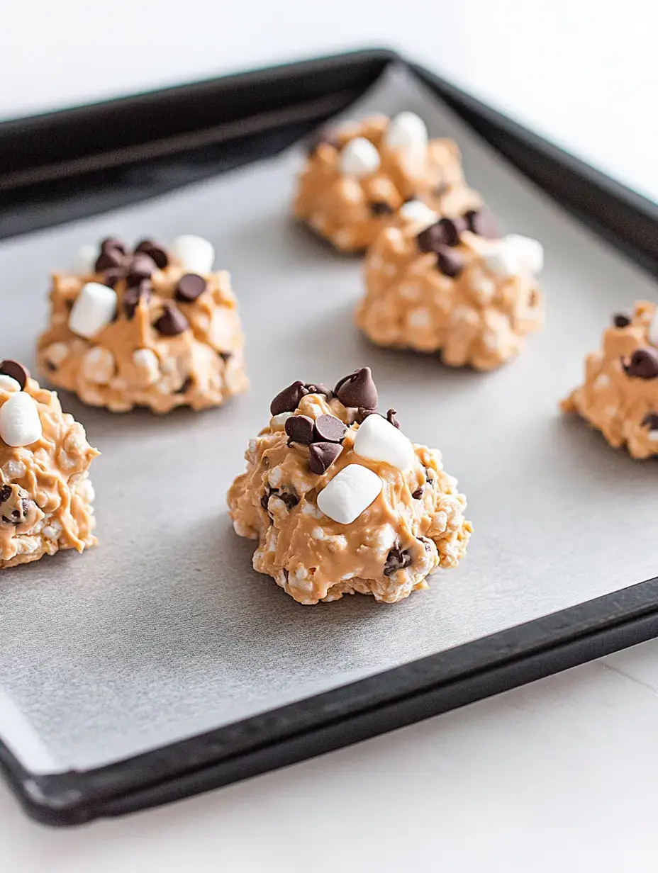 Ein Tablett mit Häufchen von No-Bake-Keksen aus Popcorn, bedeckt mit Mini-Marshmallows und Schokostückchen.