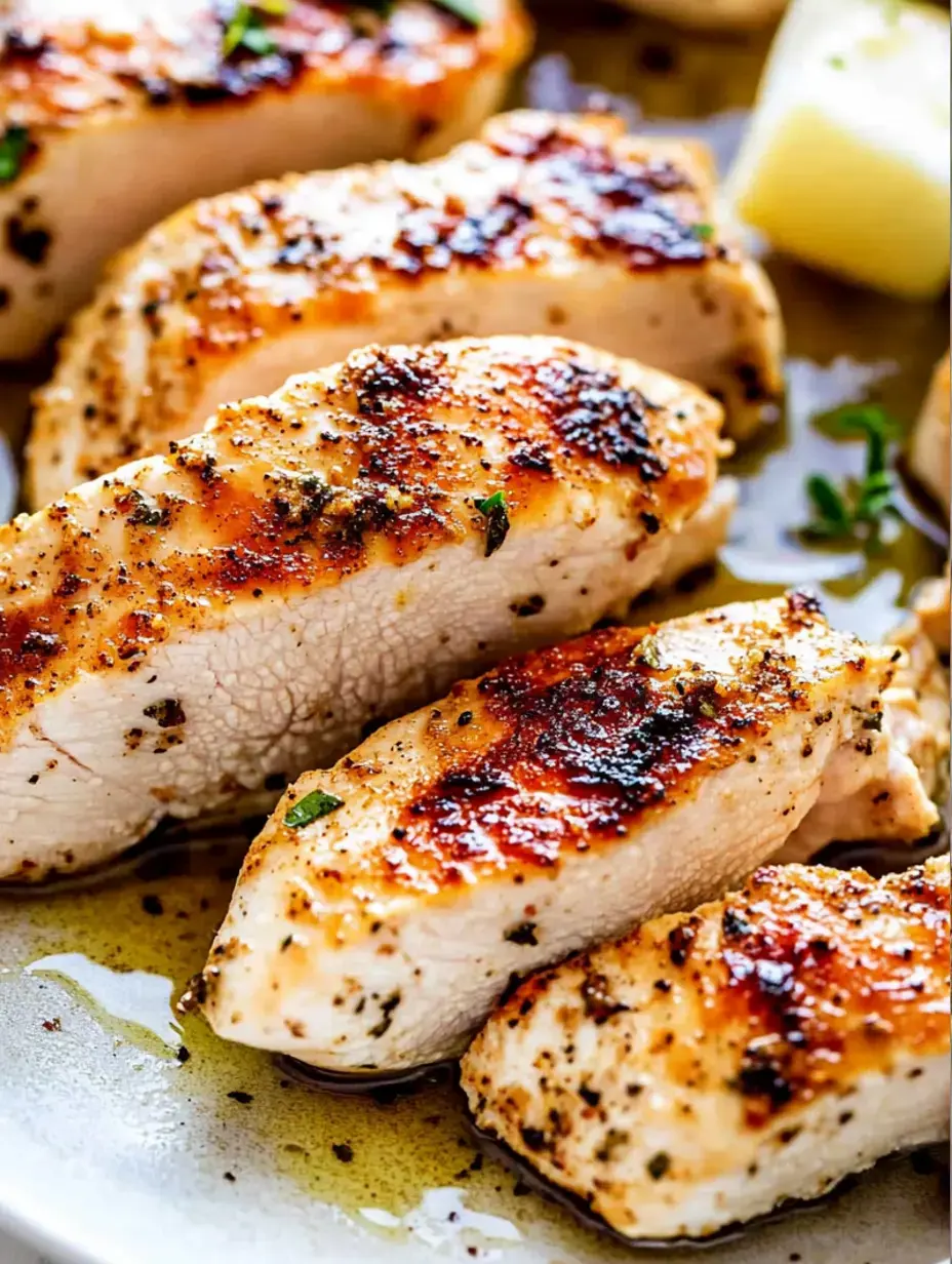 Eine Nahaufnahme von gewürzten gegrillten Hähnchenbrustfilets auf einem Teller, mit Kräutern garniert und mit Öl beträufelt.