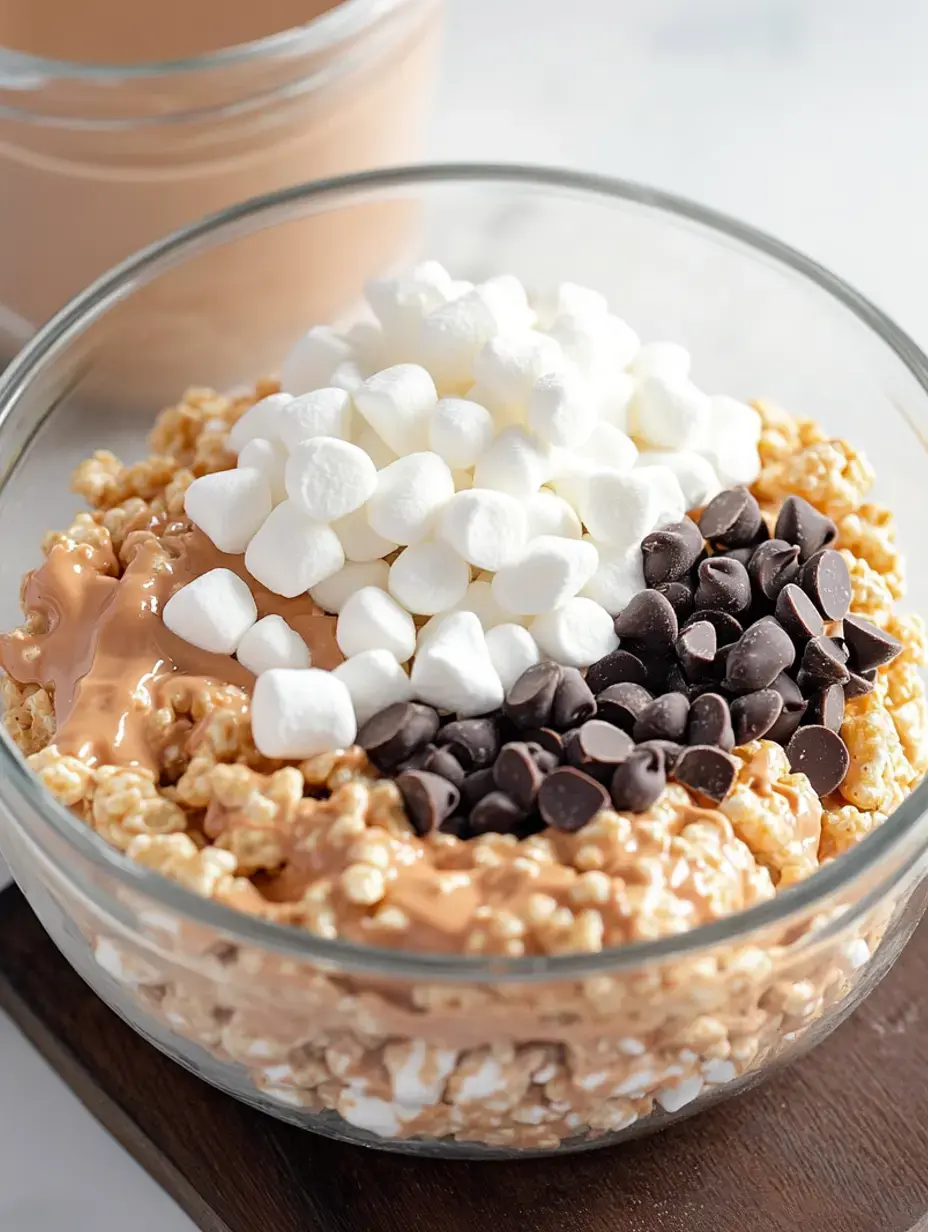 Eine durchsichtige Glasschüssel gefüllt mit Popcorn, überzogen mit Erdnussbutter, Marshmallows und Schokostückchen, daneben ein Getränkeglas im Hintergrund.