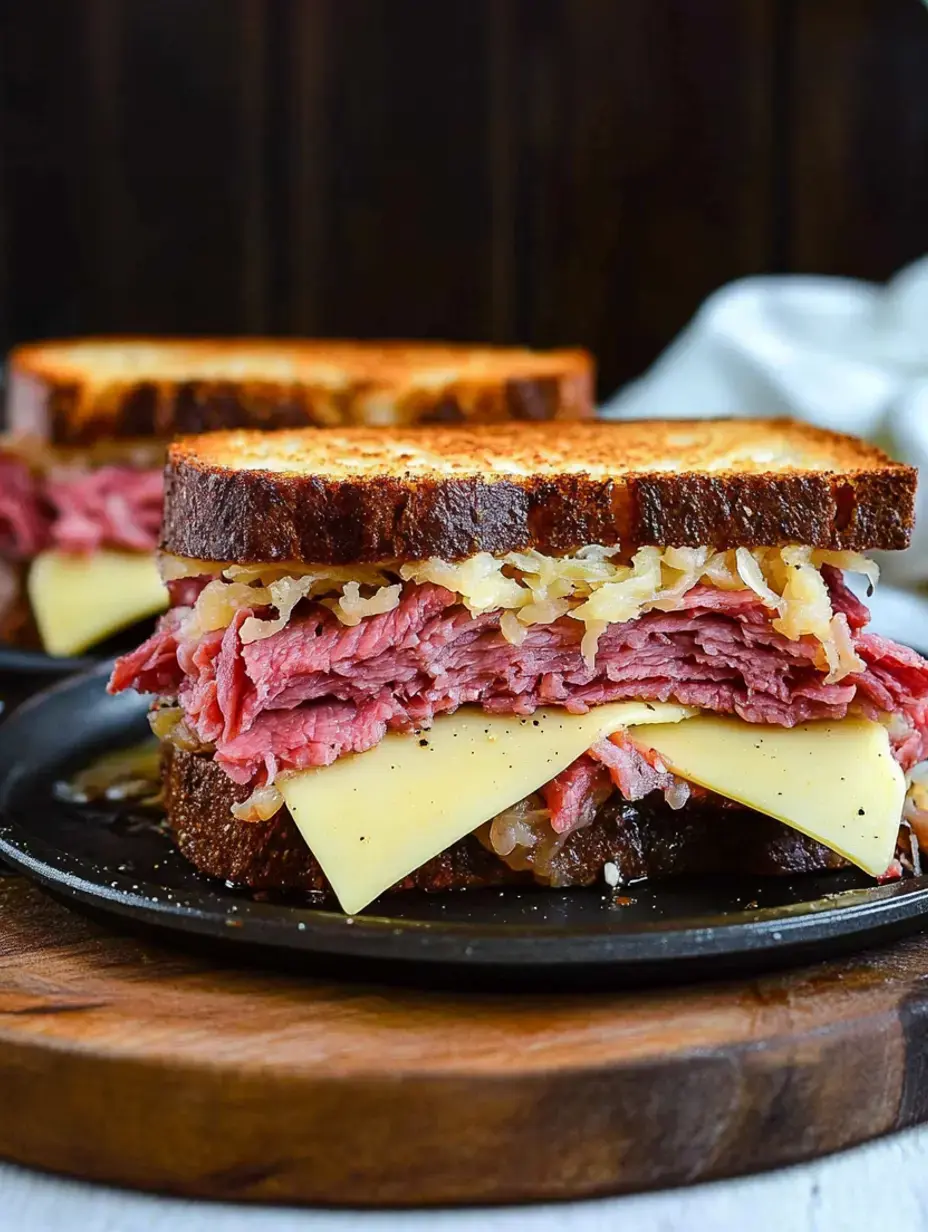 Eine Nahaufnahme eines geschichteten Sandwichs mit Lagen von Corned Beef, Sauerkraut und Käse zwischen getoastetem Brot auf einem schwarzen Teller.