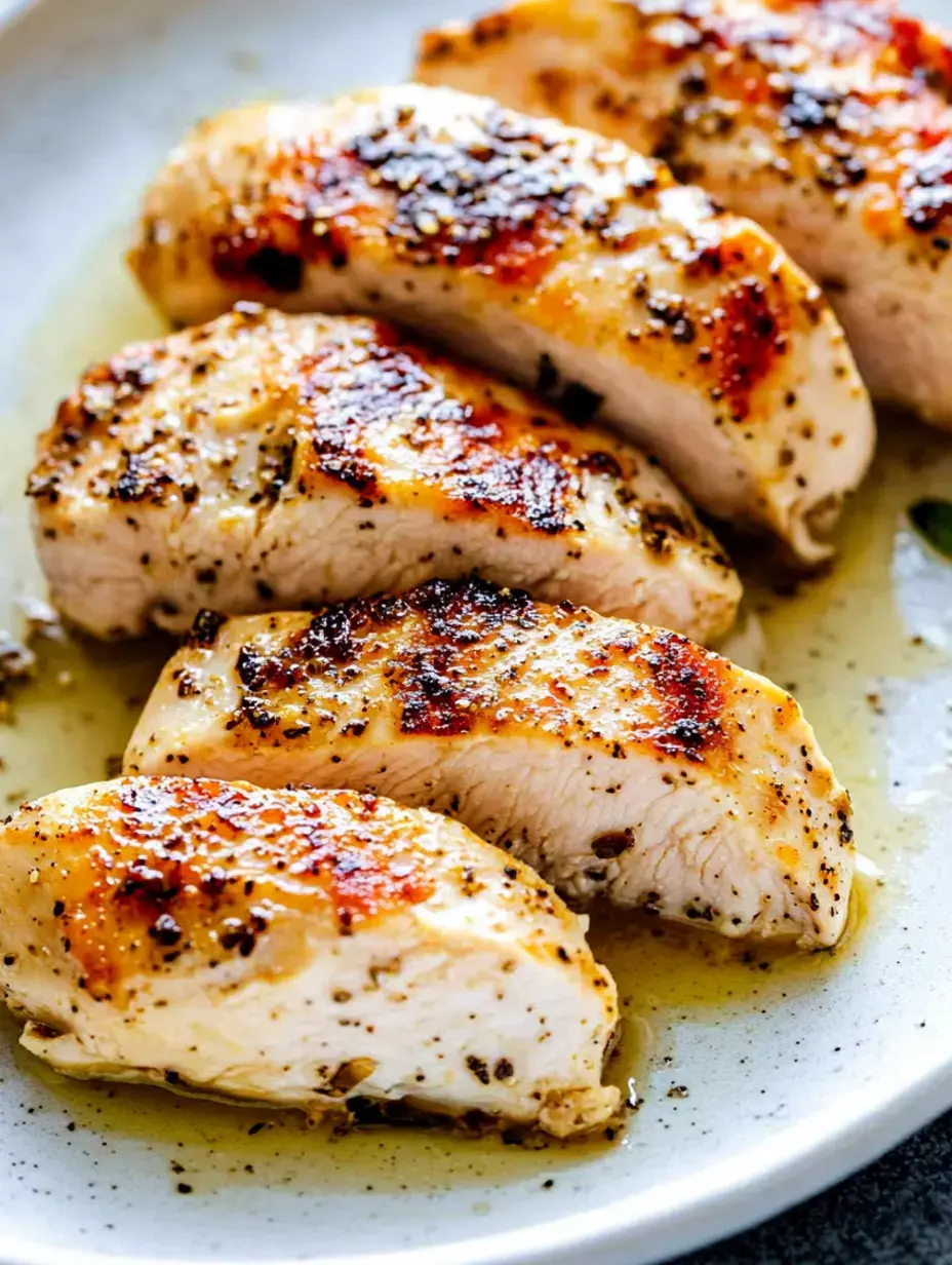 Geschnittene gegrillte Hähnchenbrüste sind auf einem Teller angerichtet und glänzen mit Gewürzen und Bratöl.