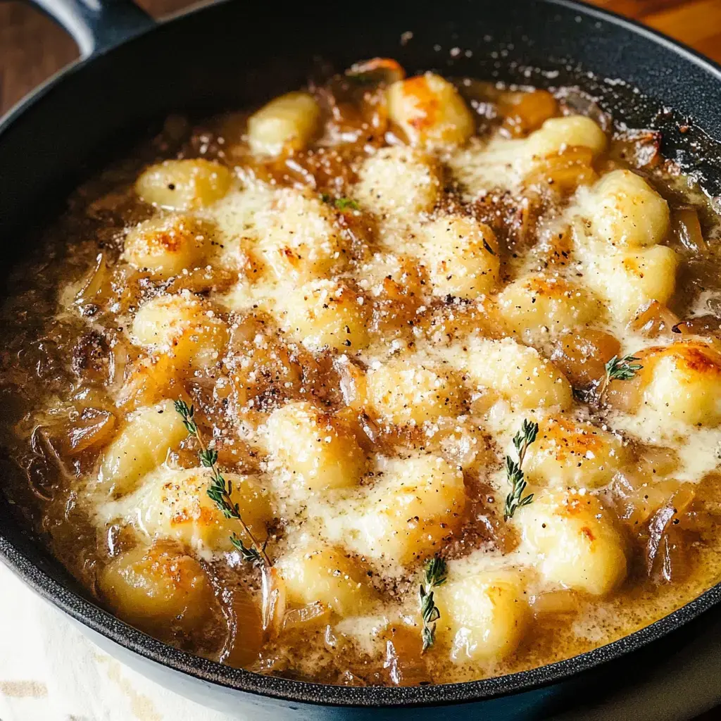 Eine Pfanne gefüllt mit goldbraunen Gnocchi in einer herzhaften Sauce, bedeckt mit geschmolzenem Käse und mit Kräutern garniert.
