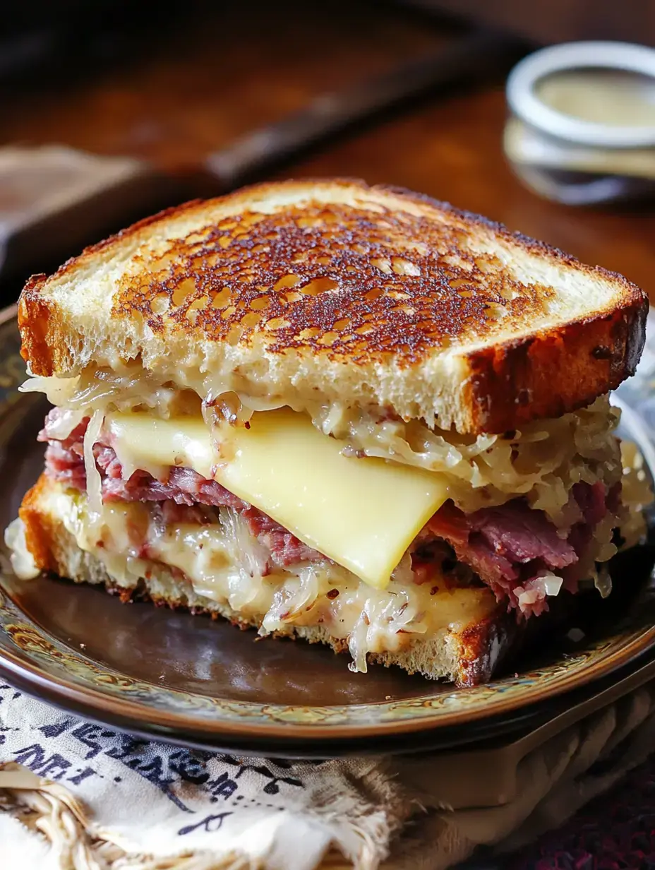 Ein gegrilltes Sandwich mit Schichten aus Corned Beef, geschmolzenem Käse und Sauerkraut auf getoastetem Brot.