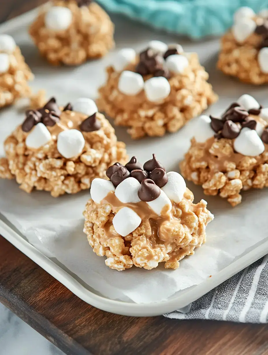 Ein Tablett mit Marshmallow- und Schokoladen-überzogenen Popcorn-Häufchen auf Backpapier angerichtet.