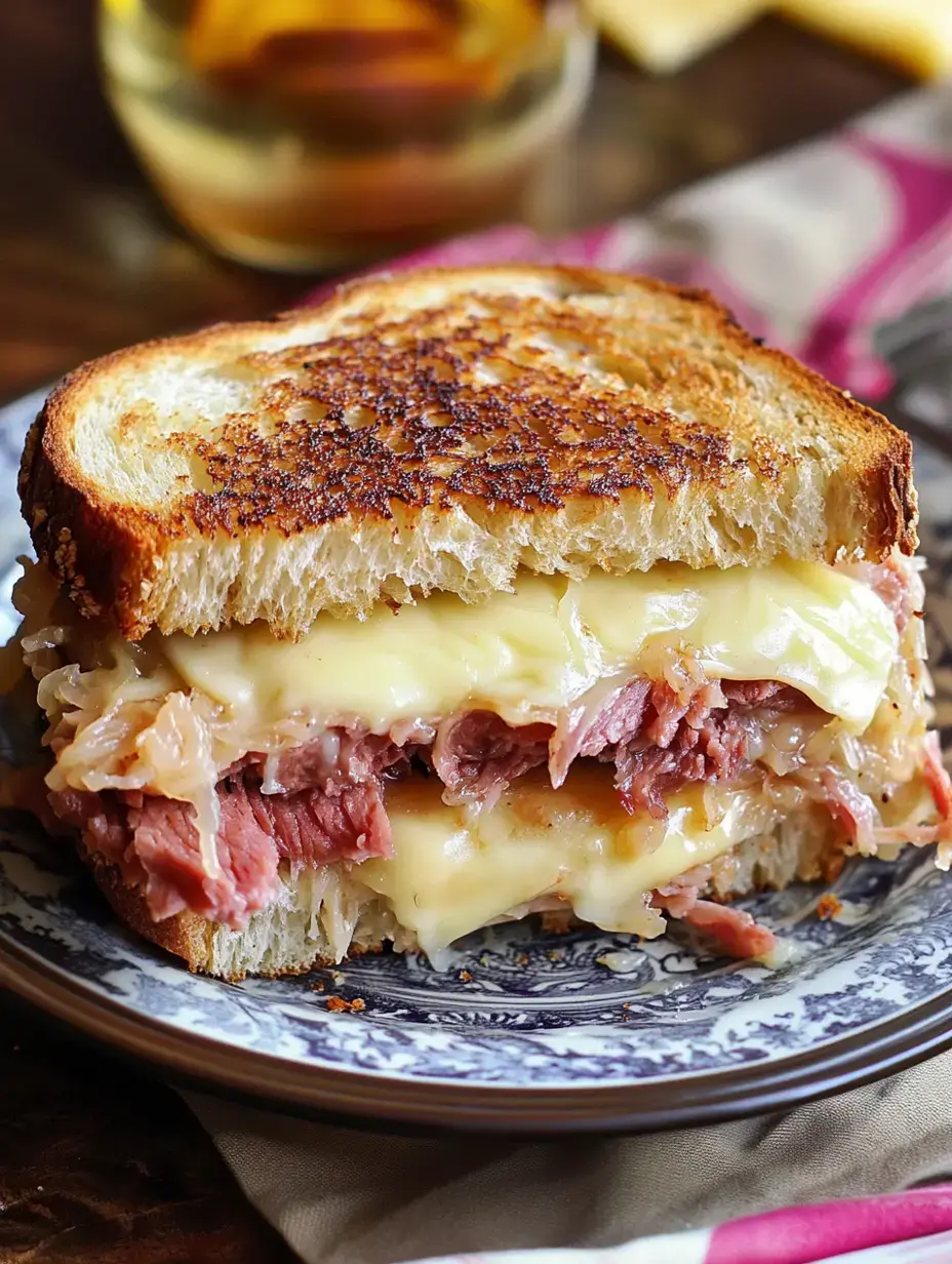 Eine Nahaufnahme eines gegrillten Sandwichs gefüllt mit Lagen von Corned Beef, geschmolzenem Käse und Sauerkraut auf getoastetem Brot, serviert auf einem dekorativen Teller.