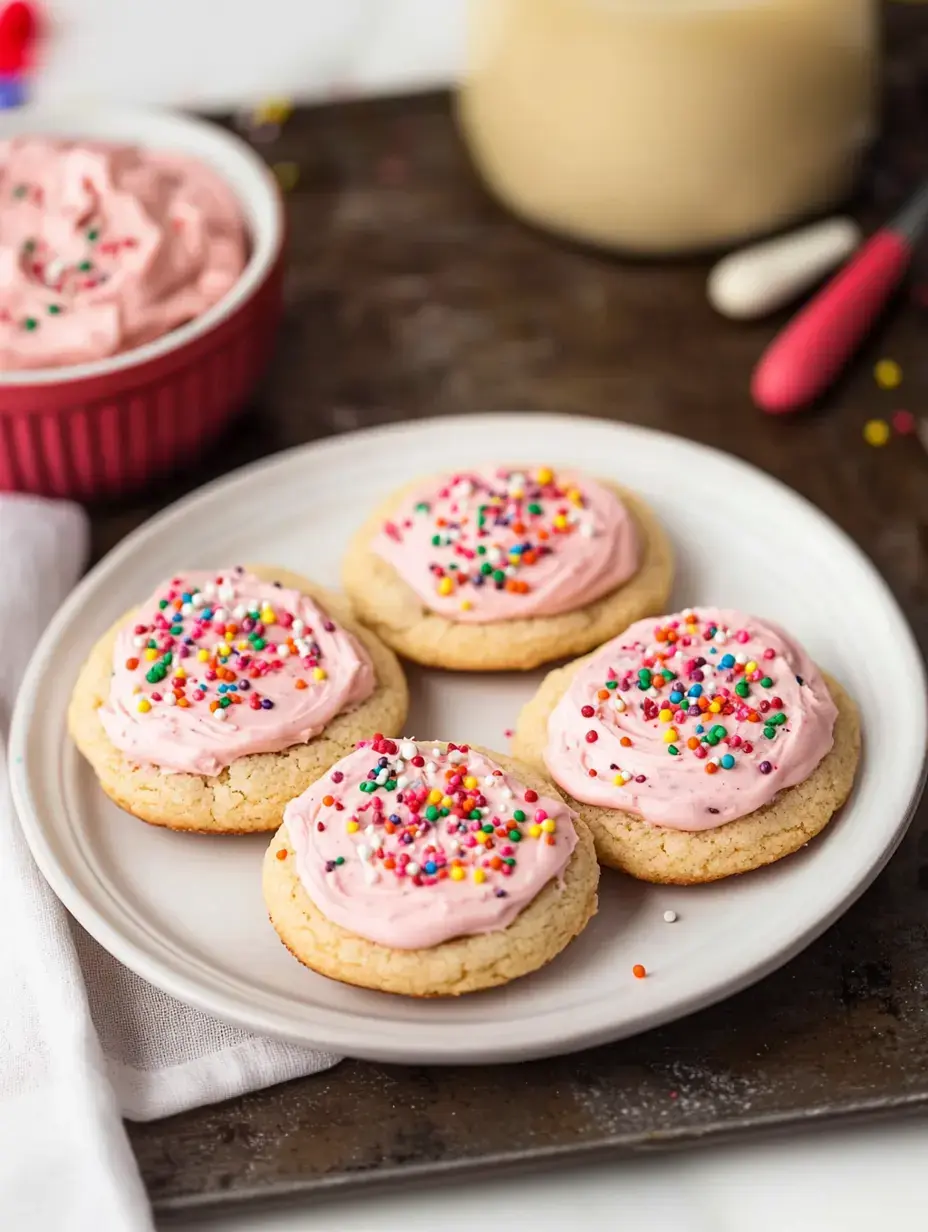 Ein Teller mit glasierten Zuckerplätzchen, verziert mit bunten Streuseln, daneben eine Schüssel mit rosa Glasur im Hintergrund.