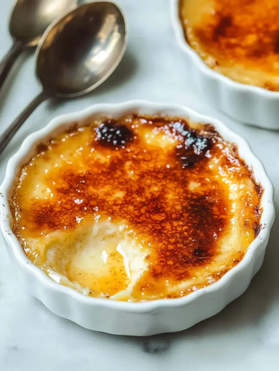Eine Nahaufnahme einer cremigen Crème Brûlée in weißem Schälchen, mit karamellisierter Zuckerschicht und zwei Silberlöffeln daneben.