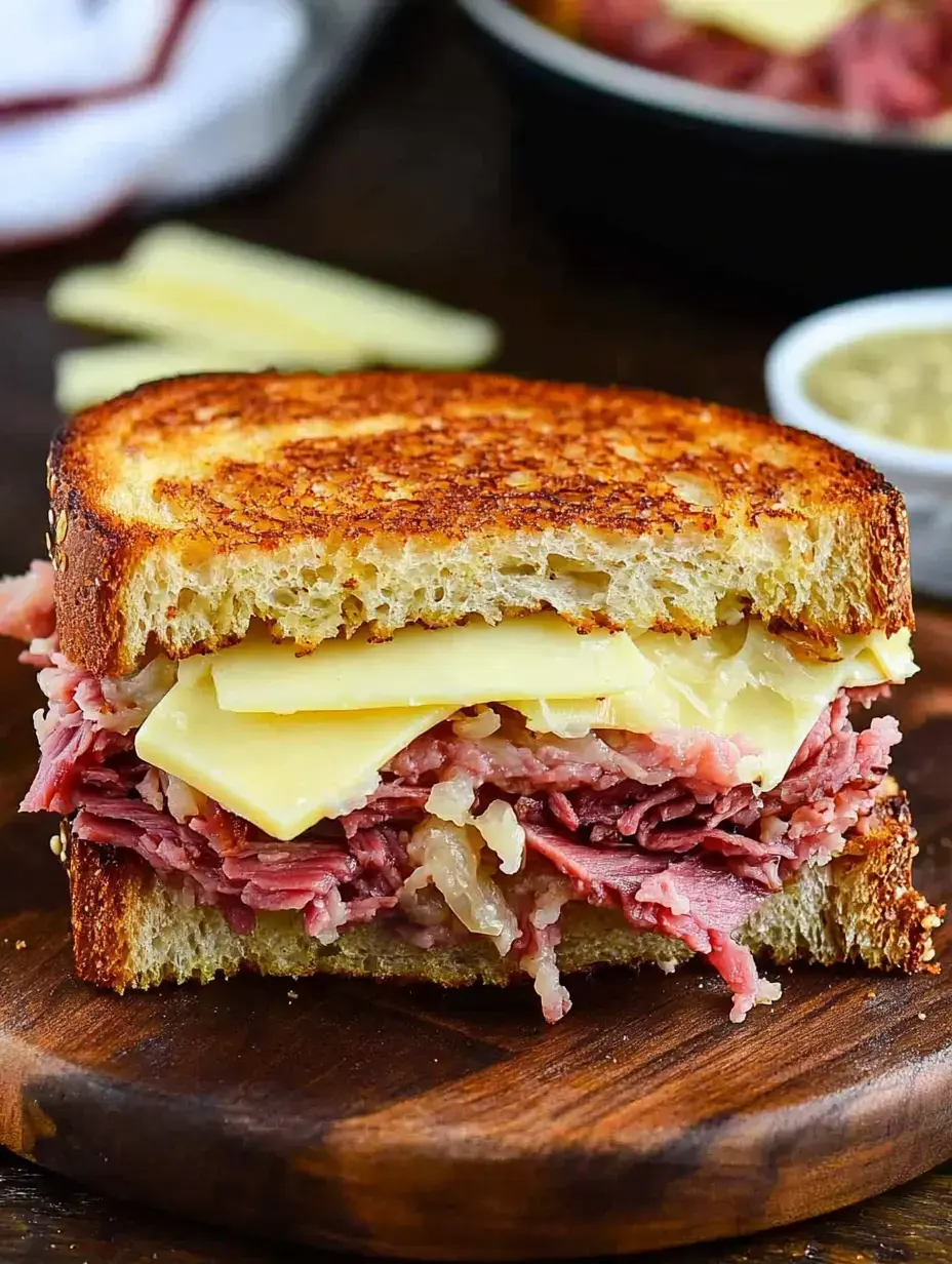 Ein getoastetes Sandwich gefüllt mit Schichten von Corned Beef und geschmolzenem Käse auf rustikalem Brot.