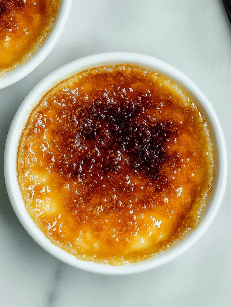 Nahaufnahme von zwei Förmchen mit karamellisierter Crème Brûlée, die eine glänzende, braune Zuckerkruste oben zeigen.