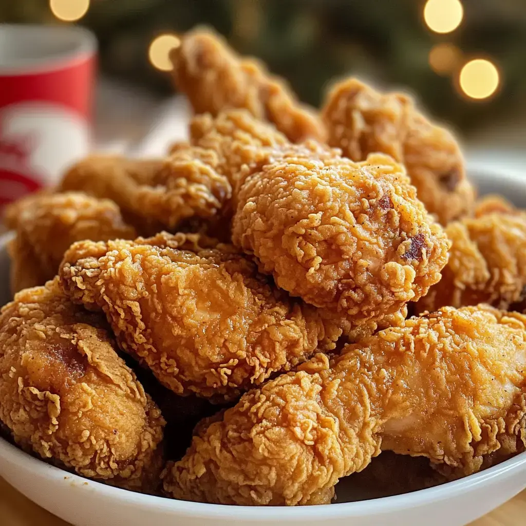Ganz nah dran: Eine Schüssel mit herrlich knusprigem, goldbraunen Fried Chicken im Fokus. Dahinter ein warmes Lichterbokeh.