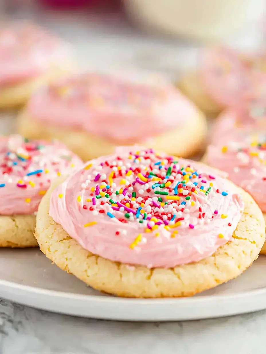 Eine Nahaufnahme von glasierten Zuckerplätzchen mit rosa Zuckerguss und bunten Streuseln auf einem weißen Teller.