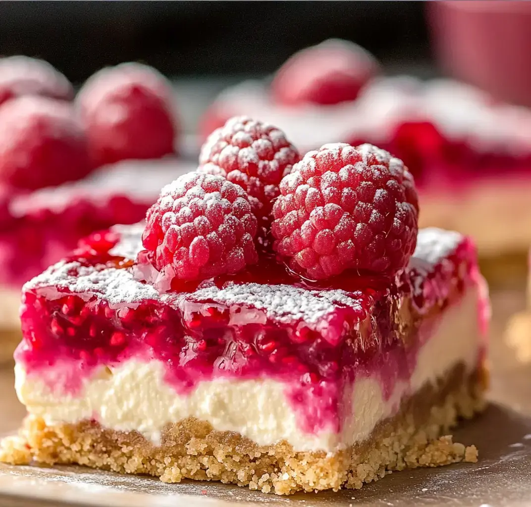Ein leckerer Blick auf ein Dessert mit mehreren Schichten: Unten ein Boden, dann eine Cremeschicht, darauf rote Himbeer-Gelatine mit frischen Himbeeren und etwas Puderzucker.