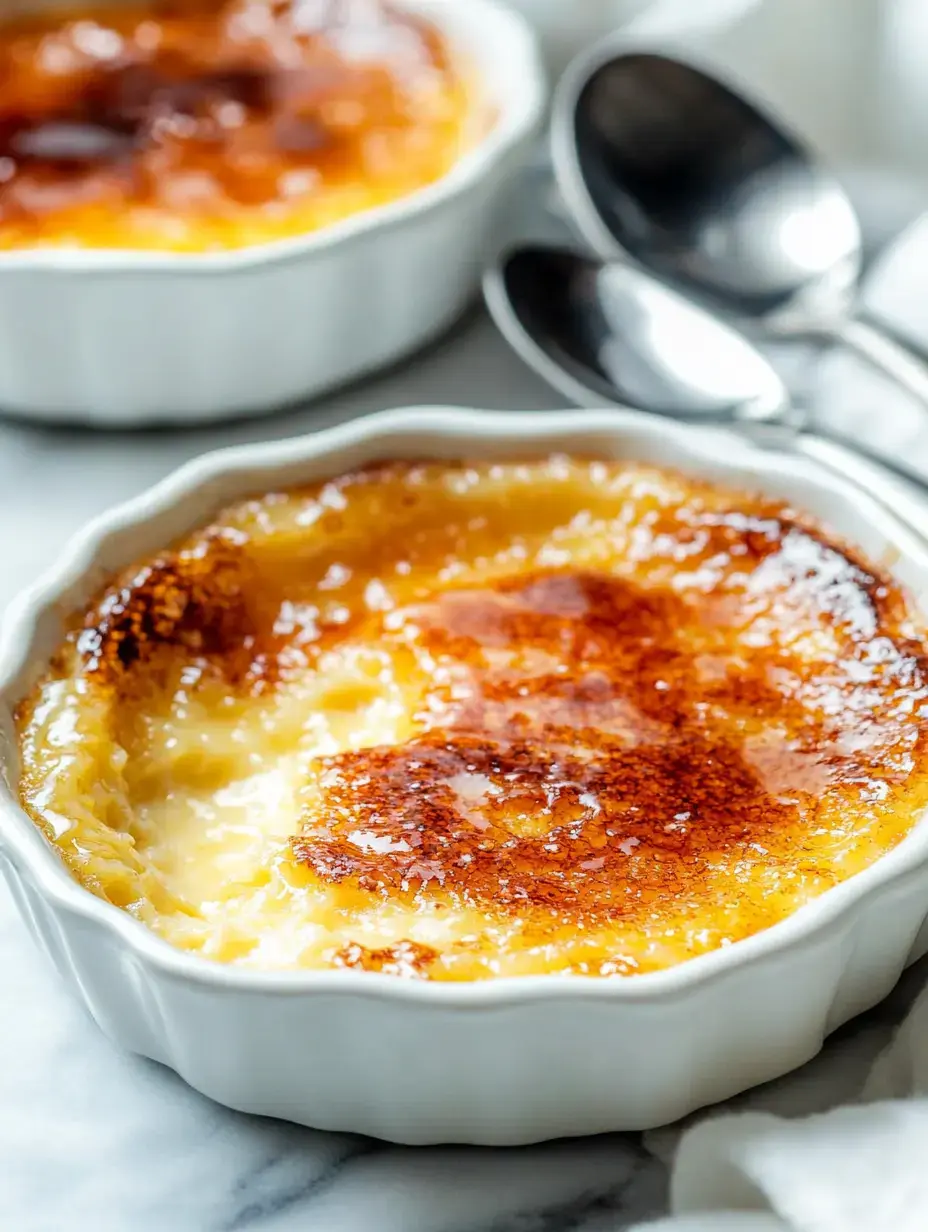 Nahaufnahme einer cremigen Crème Brûlée in weißem Schälchen mit karamellisierter Zuckerschicht, begleitet von zwei Löffeln.